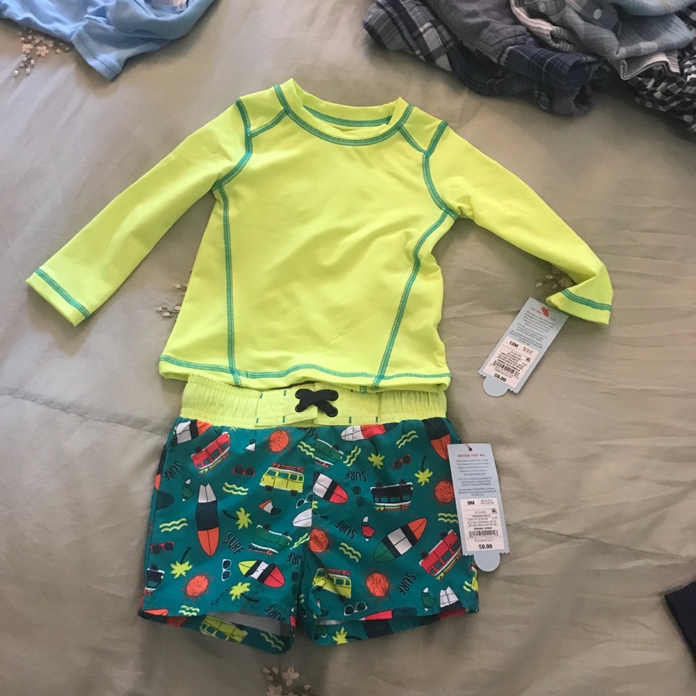 Cat & Jack surf swim trunks and rash guard NWT